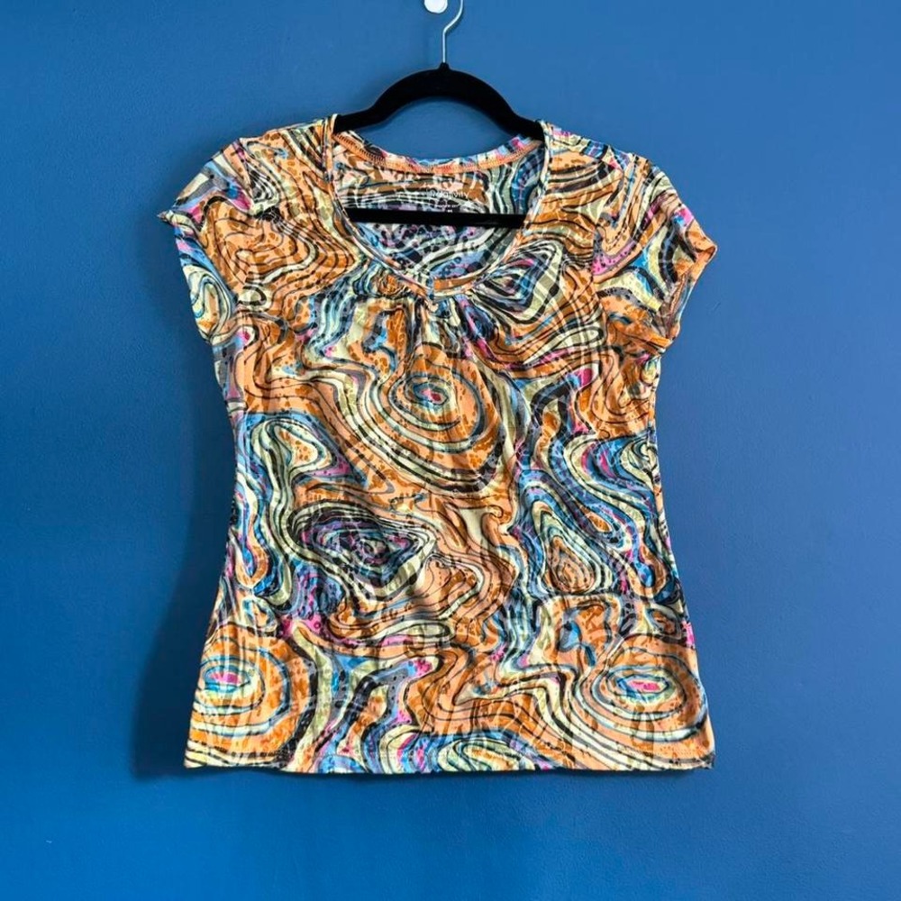 Y2K Burnout Tee Women's Size Small Multicolor Psychedelic Trippy Relativity‎